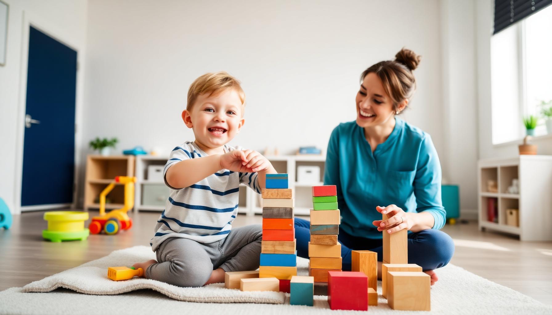 Child stacking colorful blocks with therapist